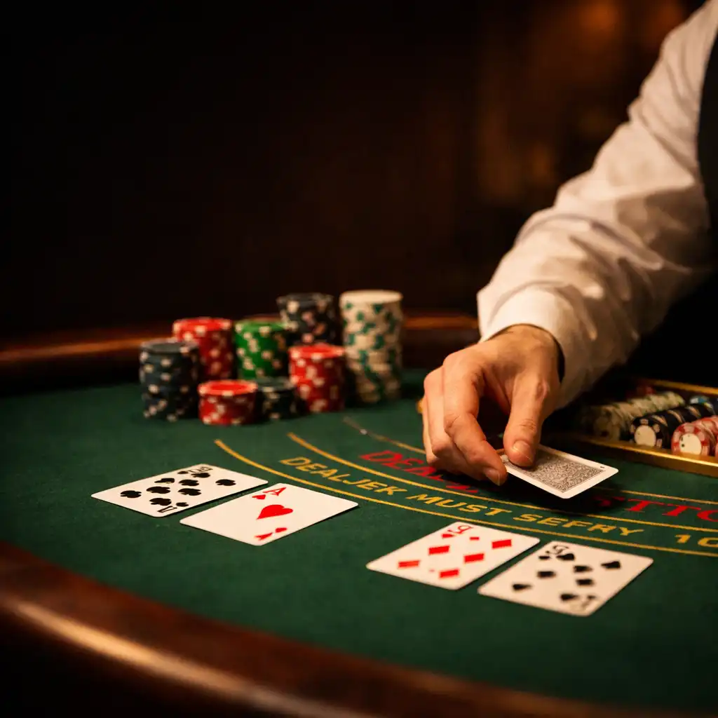 Stół do blackjacka z kartami i żetonami, ręka krupiera rozdającego karty