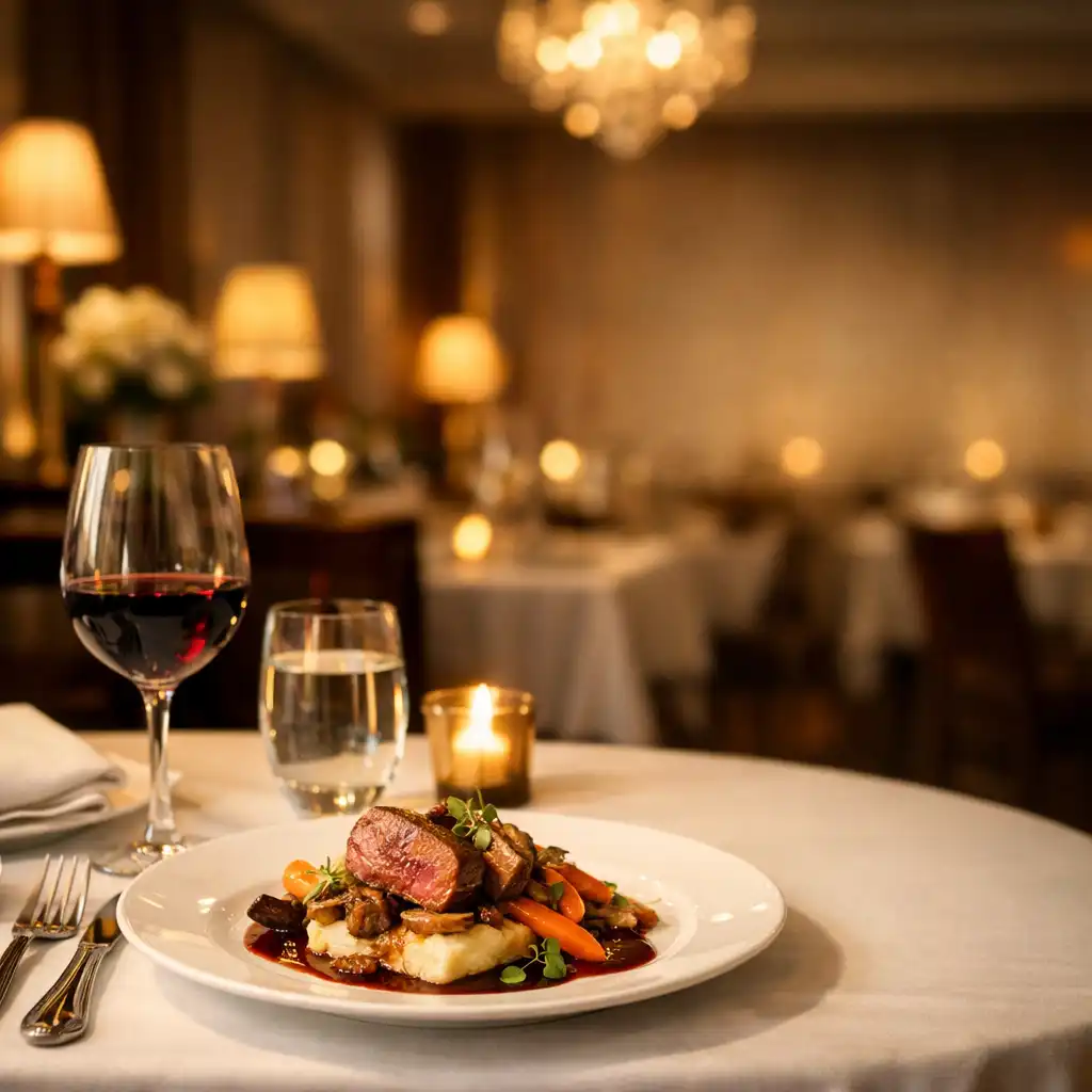 Elegancki stół w restauracji Zovuqera z wykwintnym daniem na talerzu