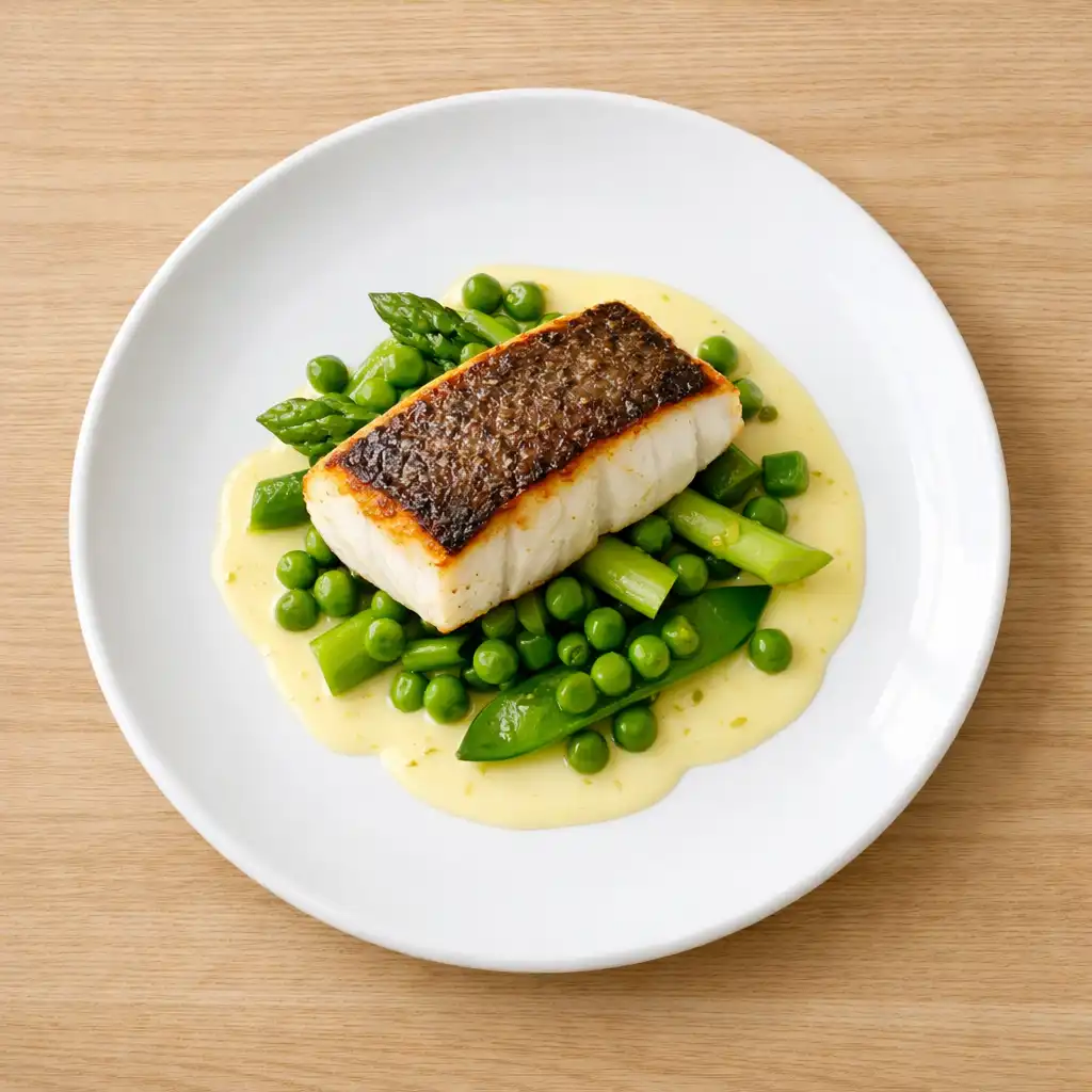 Halibut pieczony na skórze z młodymi warzywami i emulsją cytrynową