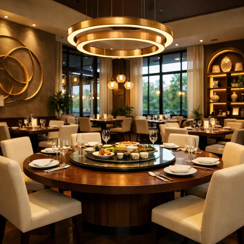 Wnętrze restauracji Zovuqera z okrągłym stołem Rotating Table, ciepłym oświetleniem i eleganckimi meblami