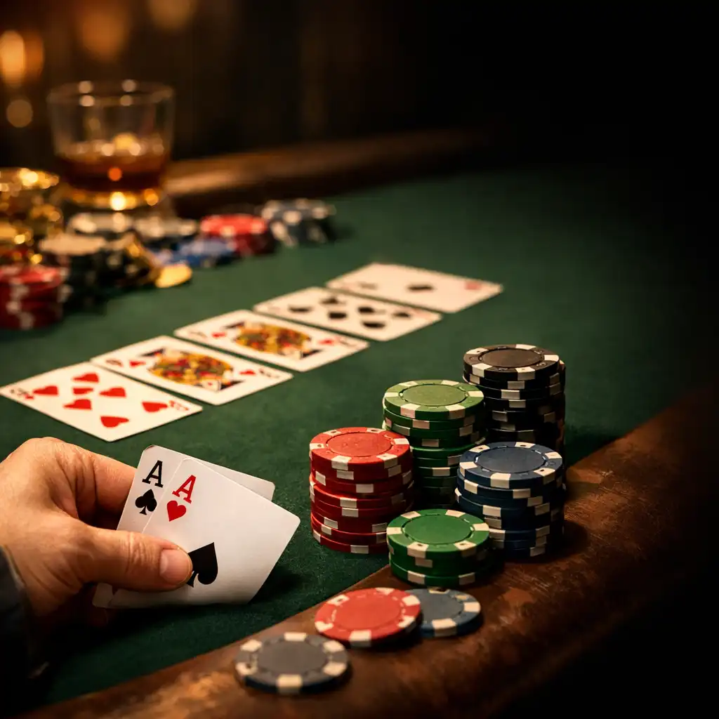 Stół pokerowy z rozłożonymi kartami i stosami żetonów, ręka gracza trzymająca karty