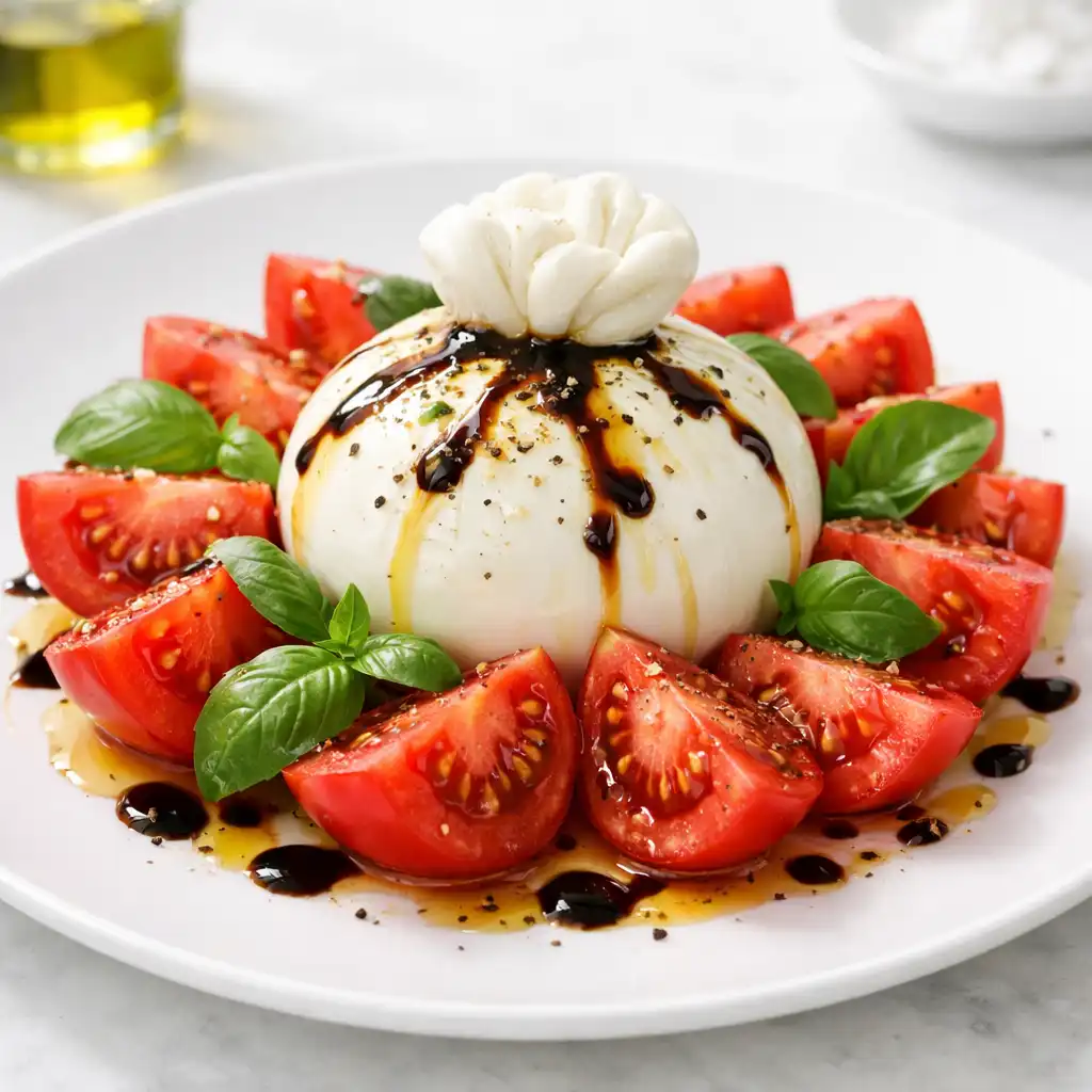 Burrata z pomidorami malinowymi, bazylią i redukcją balsamiczną