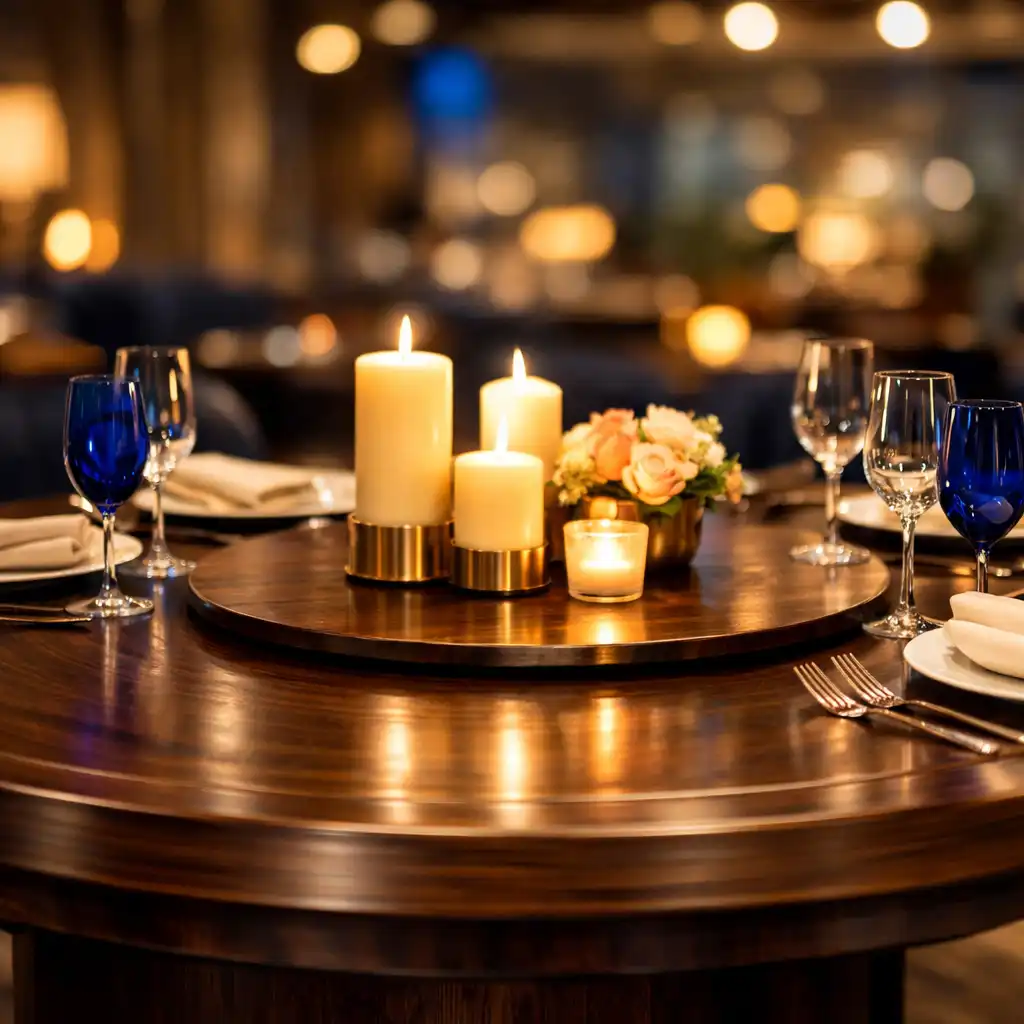 Zbliżenie na Rotating Table w restauracji Zovuqera z eleganckimi nakryciami i świecami