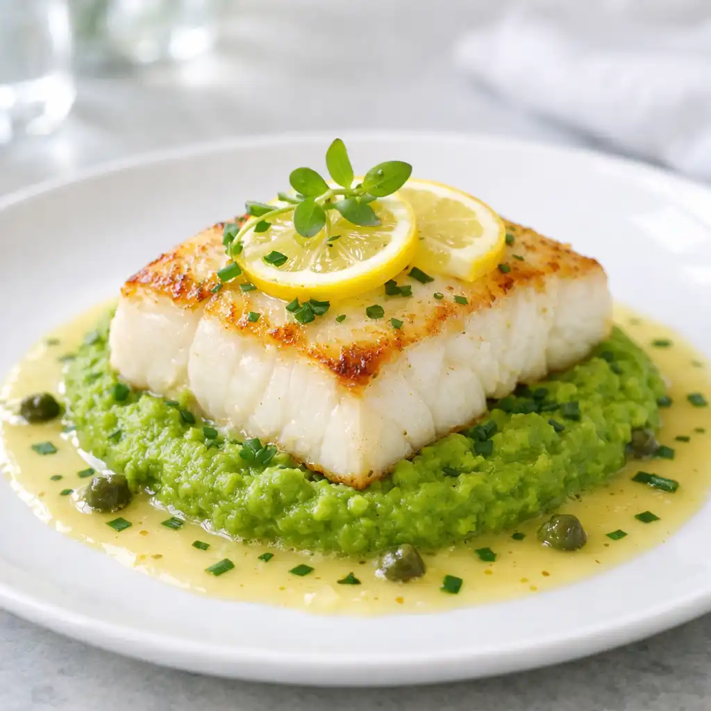 Pieczony halibut na puree z groszku z cytrynowym beurre blanc