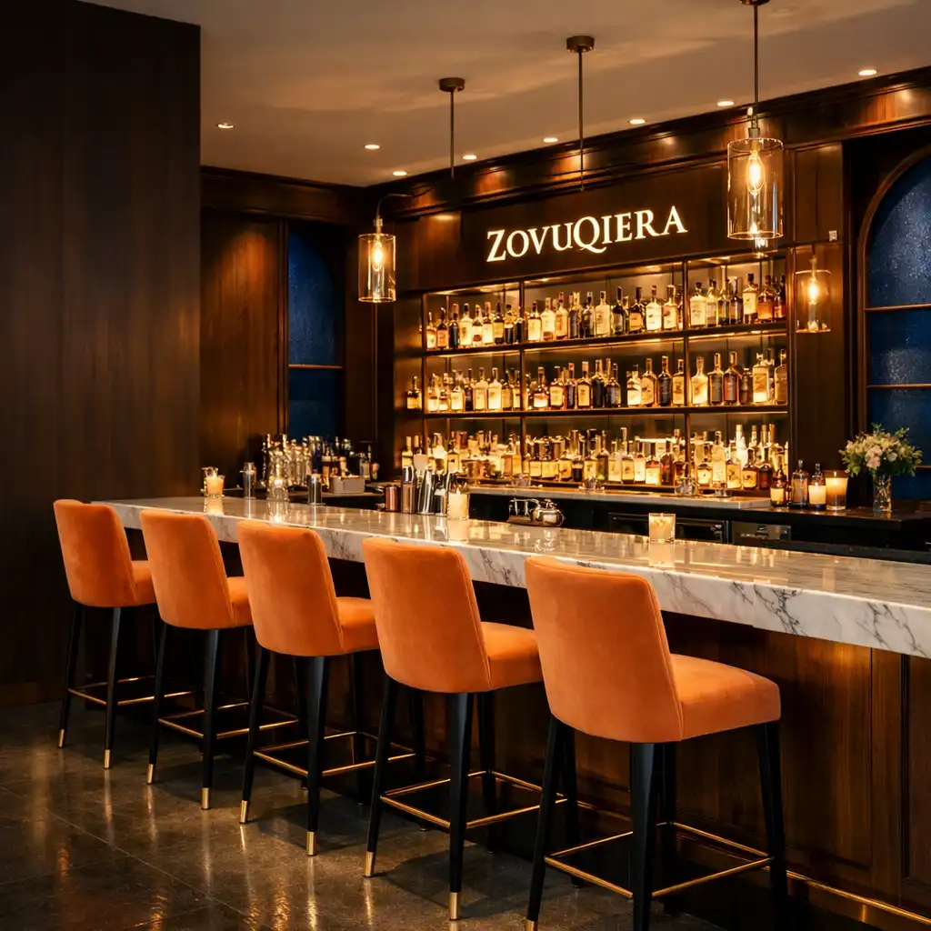 Elegancki bar w Zovuqera z marmurową ladą i podświetlanymi półkami