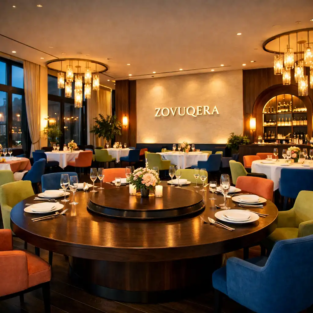 Eleganckie wnętrze restauracji Zovuqera z okrągłym stołem Rotating Table